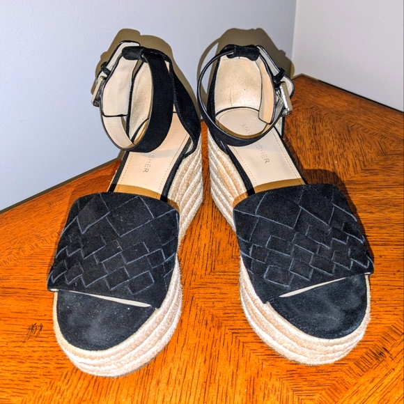 Marc Fisher Shoes - MARC FISHER VARIN Espadrille Wedge Platform Black Leather Suede Sandals  Sz 8M